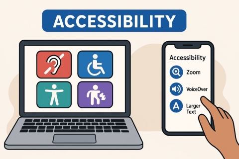 graphic of laptop and phone with accessibility icons